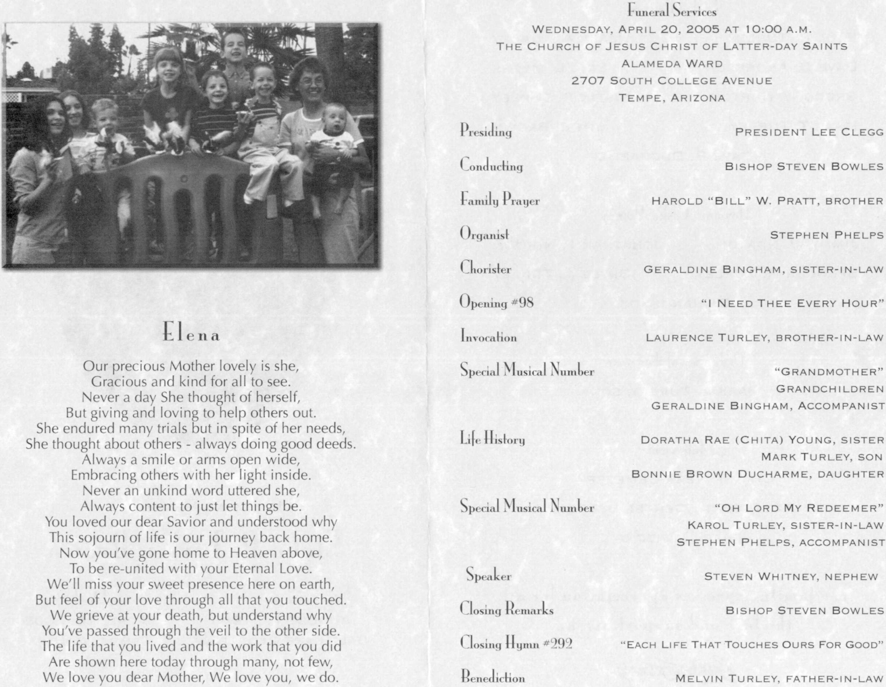 Elena Pratt Turley Brown 1943-2005 Funeral Program