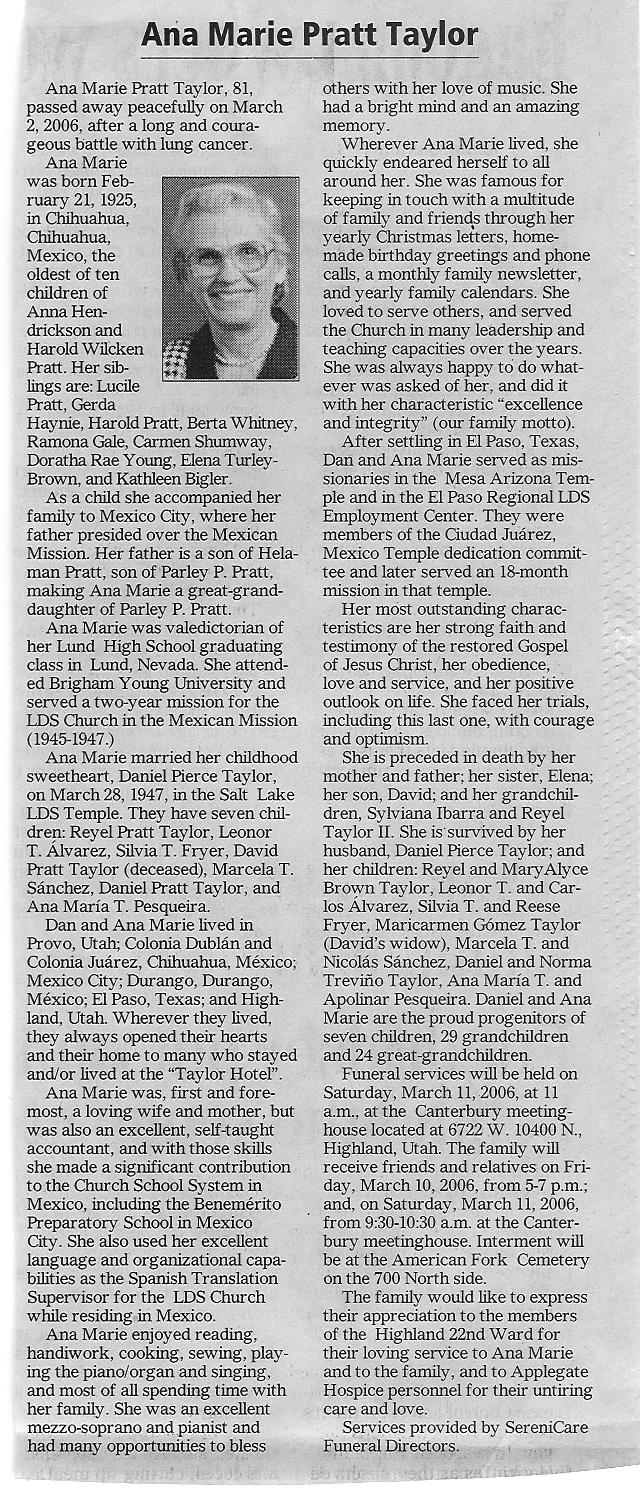 Ana Marie Pratt Taylor 1925-2006 Obituary