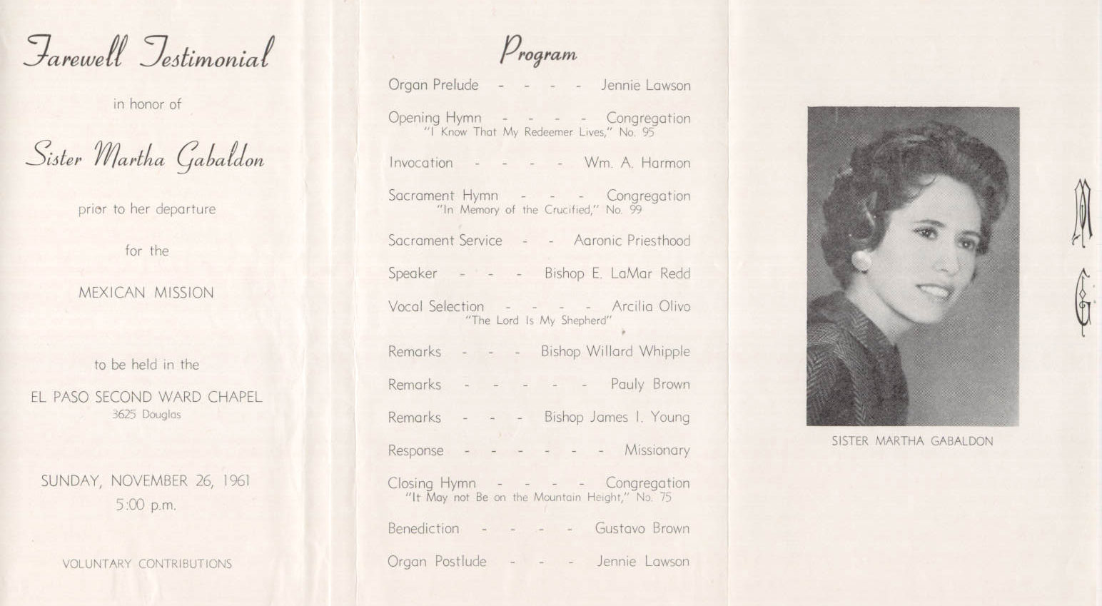 Martha Gabaldon Mission Farewell Testimonial November 26, 1961 at El Paso, Texas