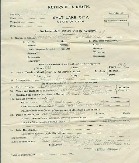 Emma Abbott Wetherell death certificate January 1891