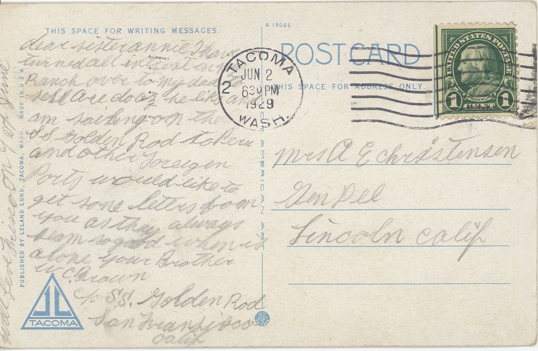 Postcard To Anna from her brother, Will C. Brown 1929