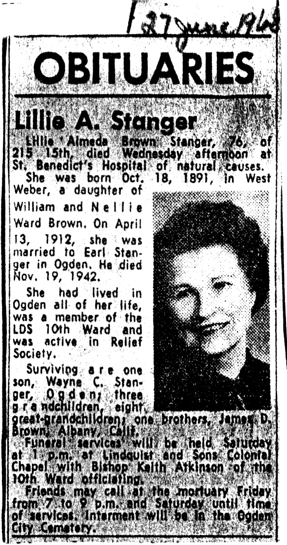Lillie Almeda Brown Stanger 1891-1968 Obituary and photo