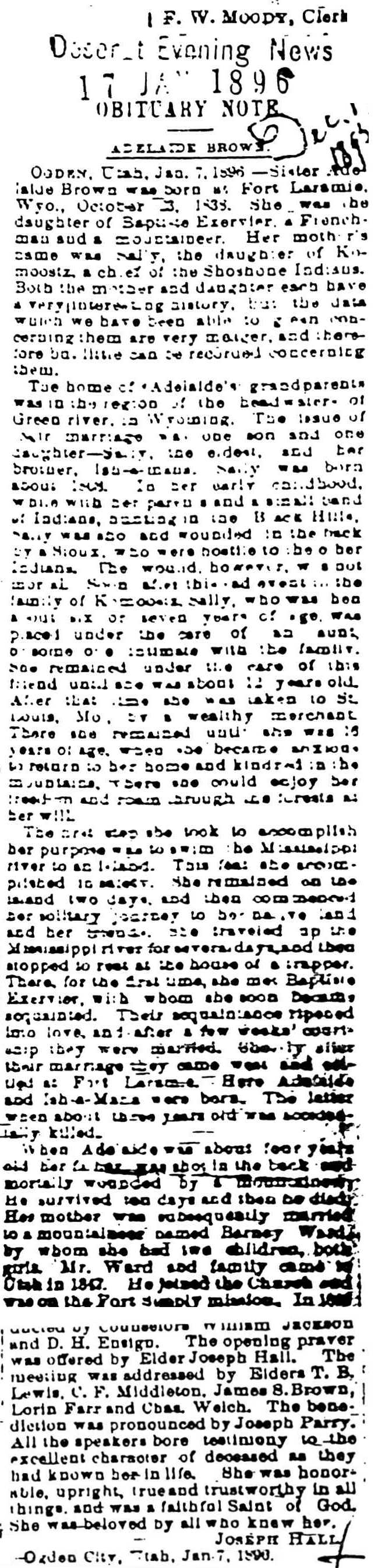 Adelaide Exervia Brown's Obituary Note