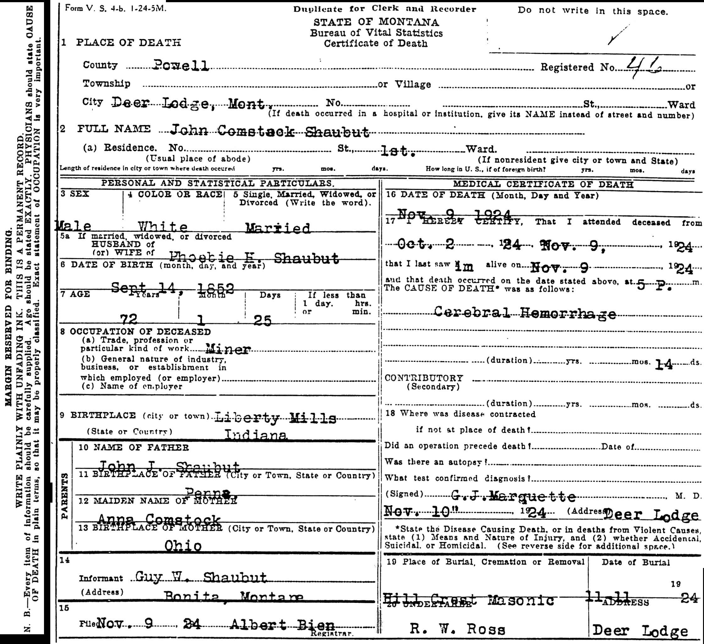 John Comstock Shaubut 1852-1924 Death Certificate