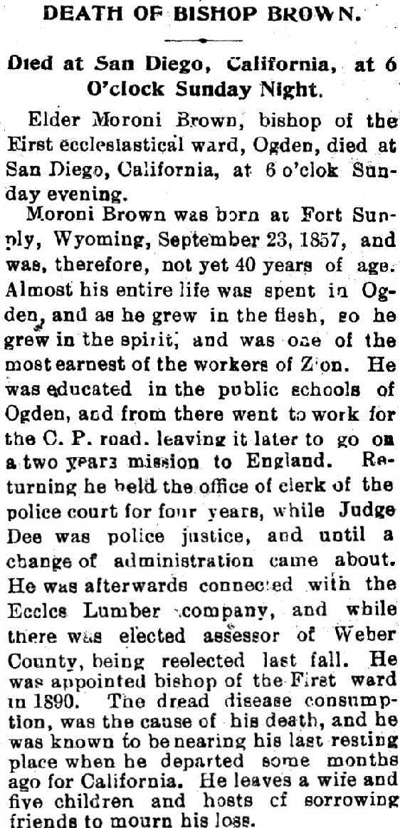 2nd Obituary for Moroni Franklin Brown 1857-1897
