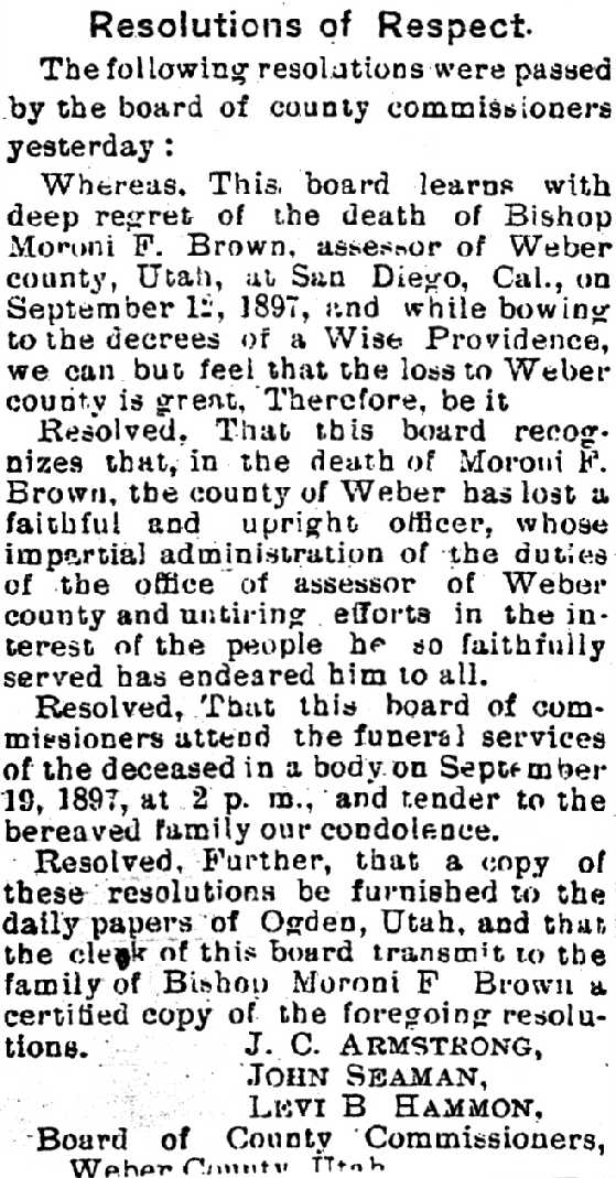 Obituary 3 for Moroni Franklin Brown 1857-1897