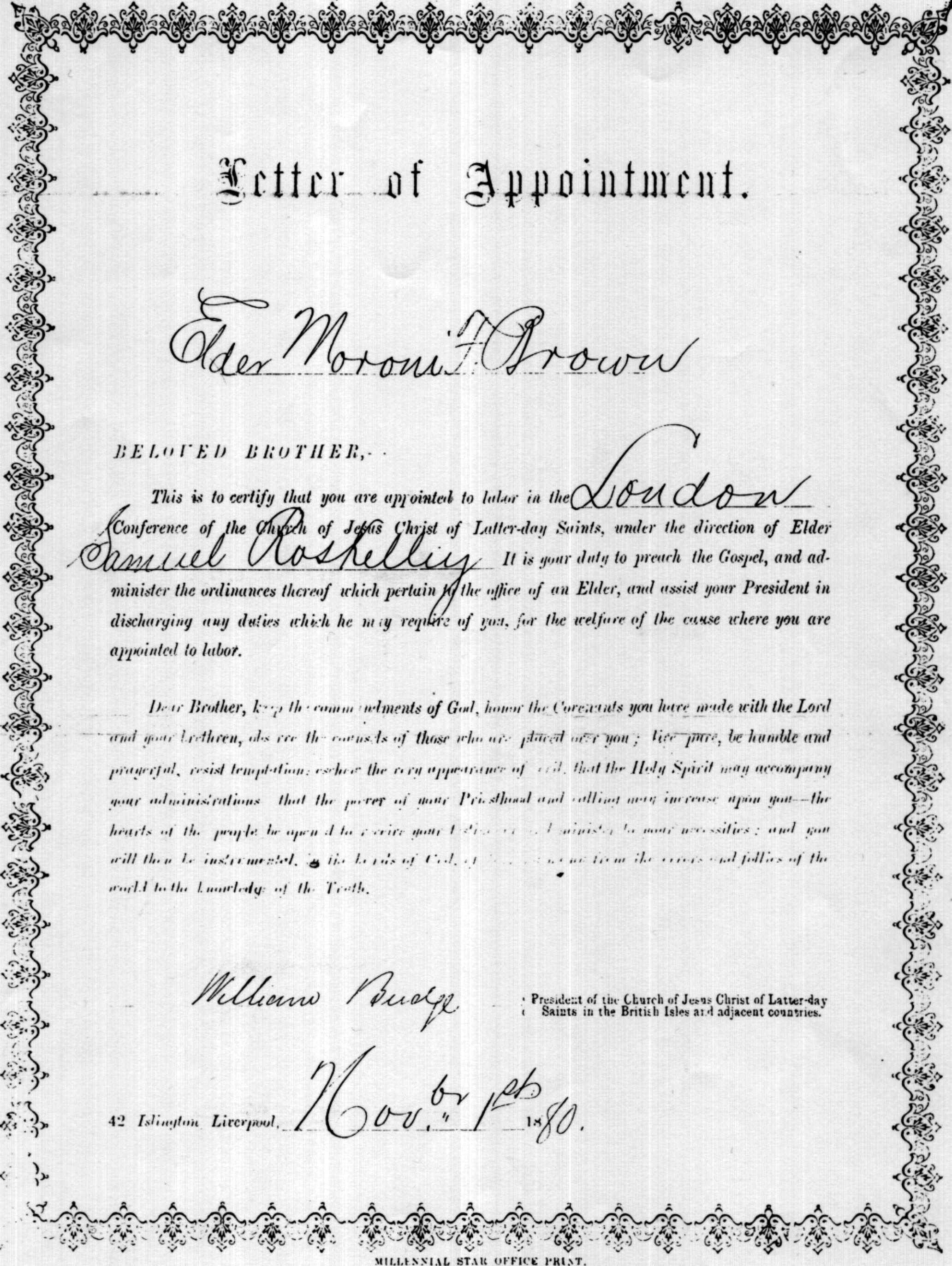Moroni Franklin Brown 1880 Mission Call