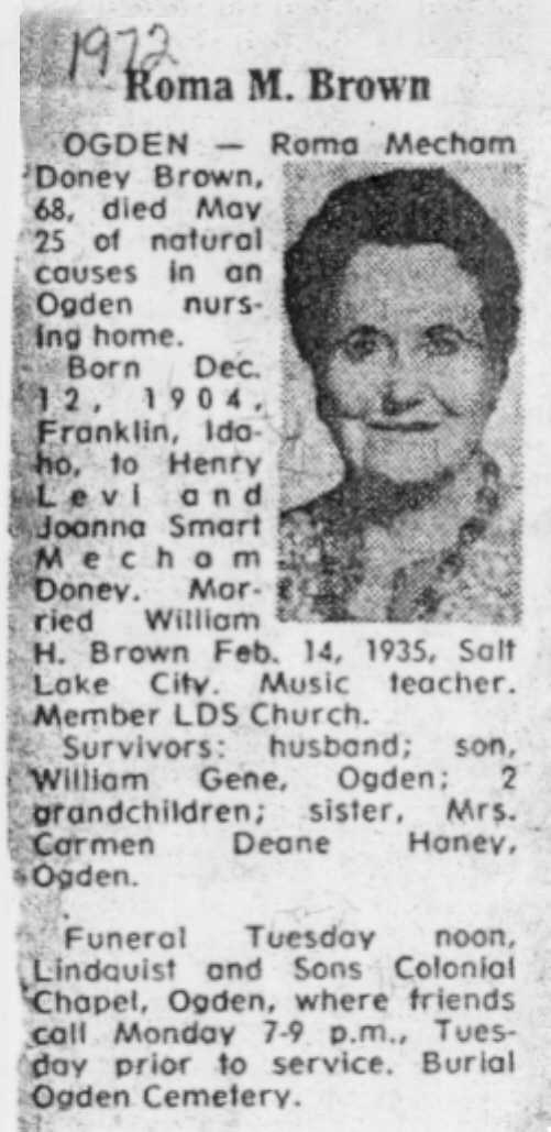 Roma Mecham Doney Brown 1972 Obituary
