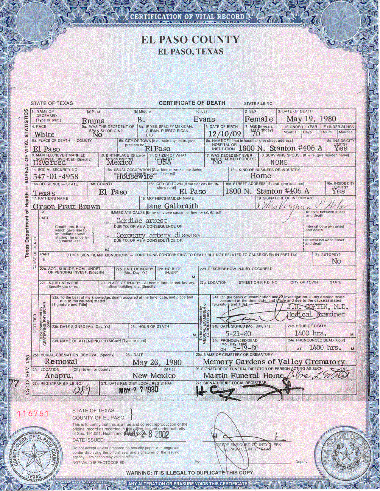 Emma Jean Galbraith Brown Hamilton Evans Death Certificate 1909-1980