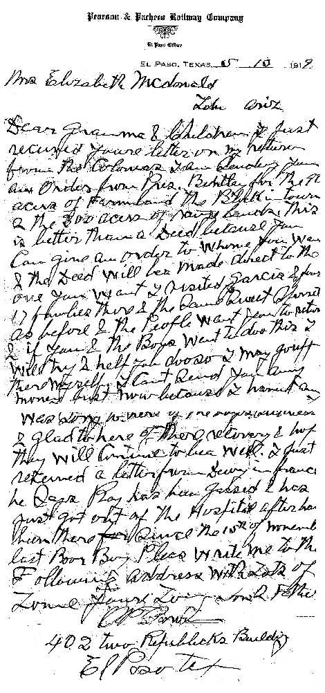 Letter from O.P. Brown to Gramma Macdonald on May 13, 1919