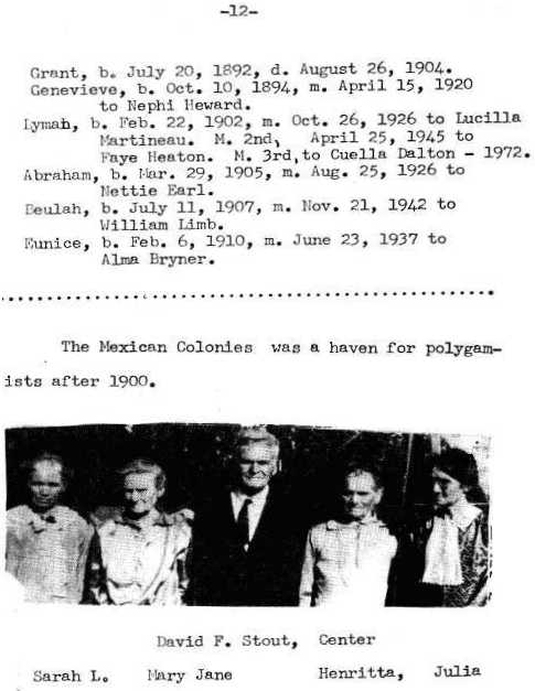 Page 12 David Fisk Stout with his four wives, Sarah, Mary Jane, Henritta, Julia