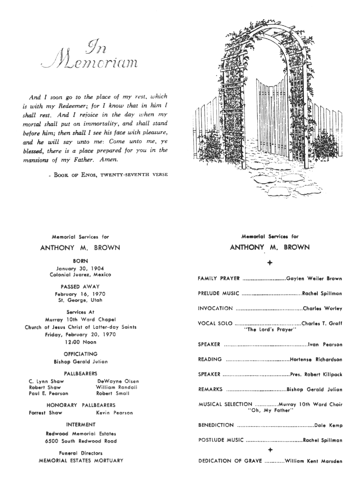 Anthony M. Brown St. George Utah Funeral Program 16 Feb 1970
