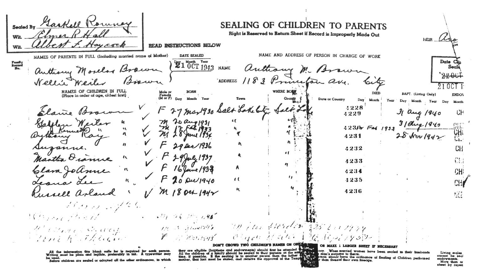 Anthony and Nelle Brown sealings to children October 1943
