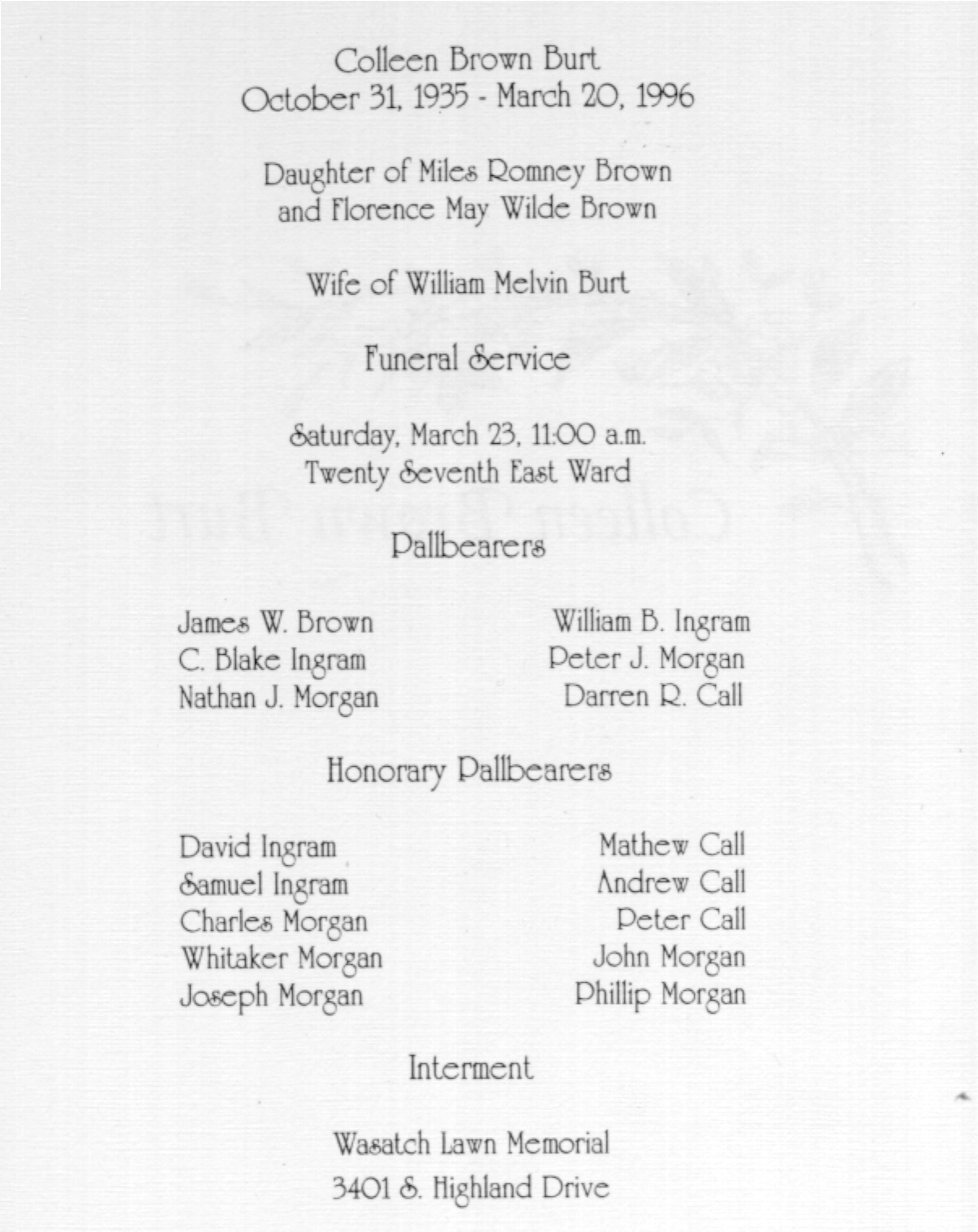 Colleen Burt Brown Obituary 1996