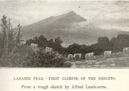 Laramie Peak - First Glimpse of the Heights - From a rough sketch by Alfred Lambourne